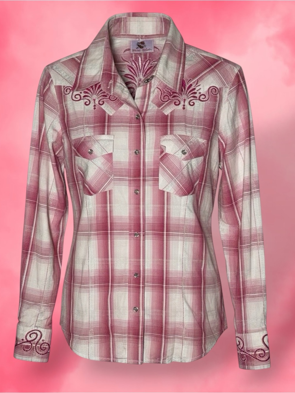 Wild Heart Pink Plaid Embroidered Western Rhinestone Snap Shirt Medium Cotton